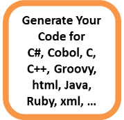 Step 4: Generate Your Code for C#, Cobol, C, C++, Groovy, html, Java, Ruby, xml, …
